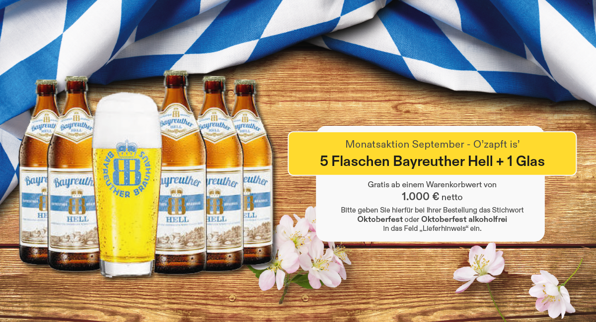 Banner mit Bierflaschen und Glas und Erklärtext zur Monatsaktion September