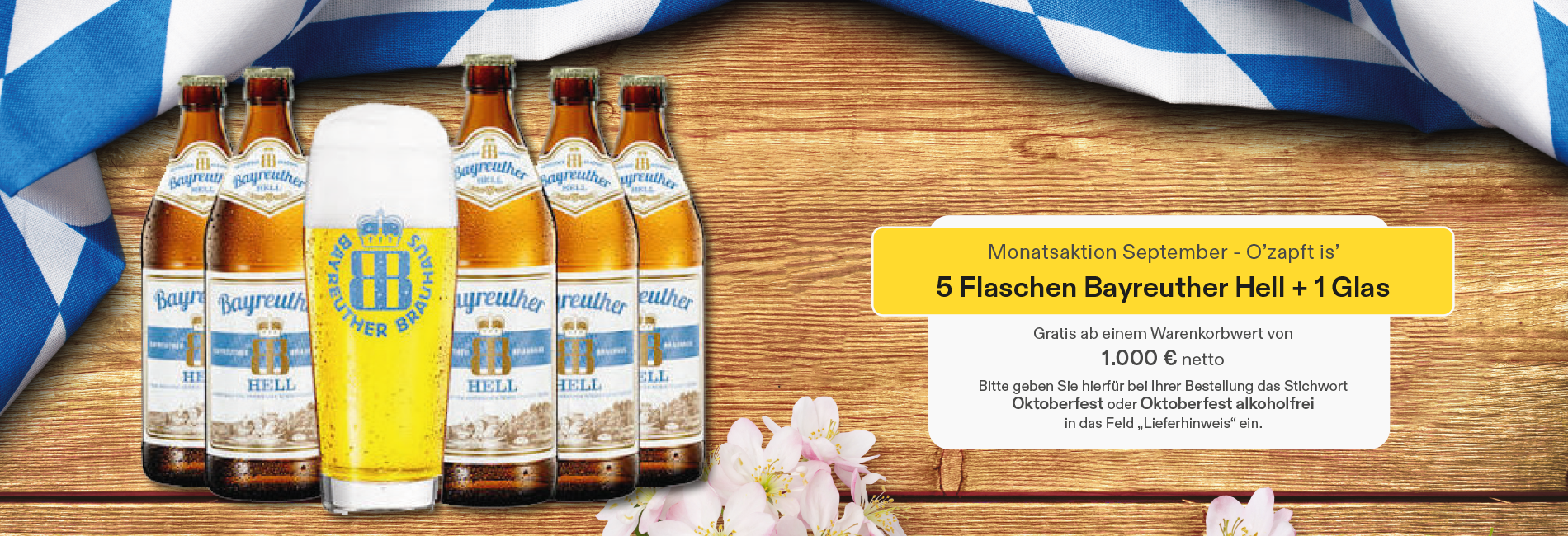 Banner mit Bierflaschen und Glas und Erklärtext zur Monatsaktion September