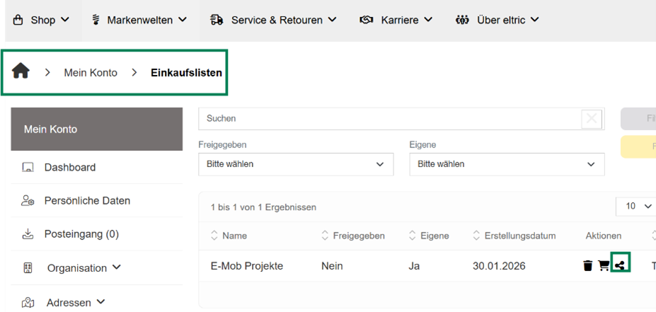 Einkaufsliste teilen im Shop