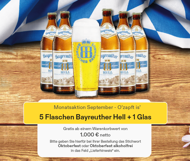 Banner mit Bierflaschen und Glas und Erklärtext zur Monatsaktion September