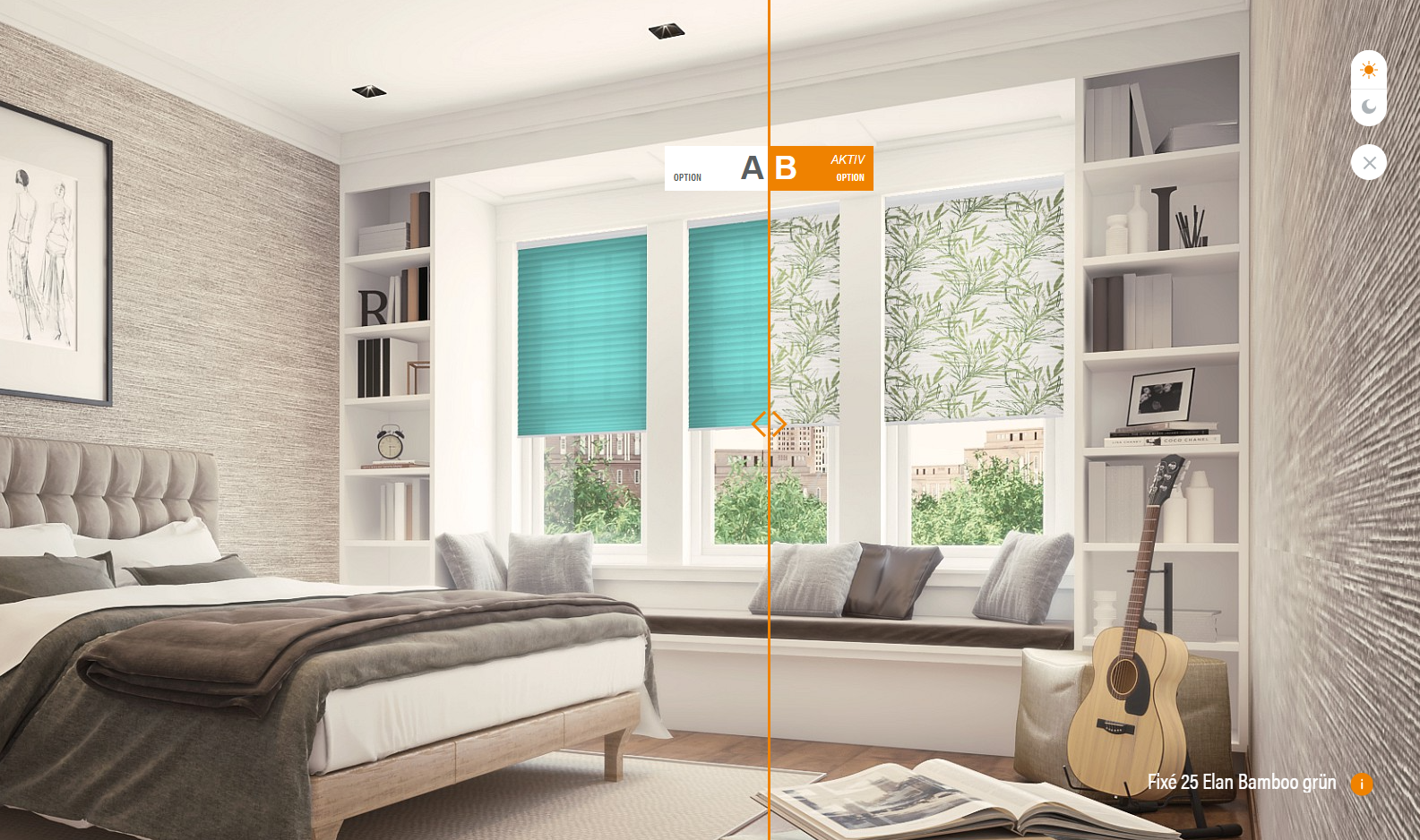 Visualisierung der JOKA Sonnenschutzlösung mit verschiedenen Stoffen in Raumansicht