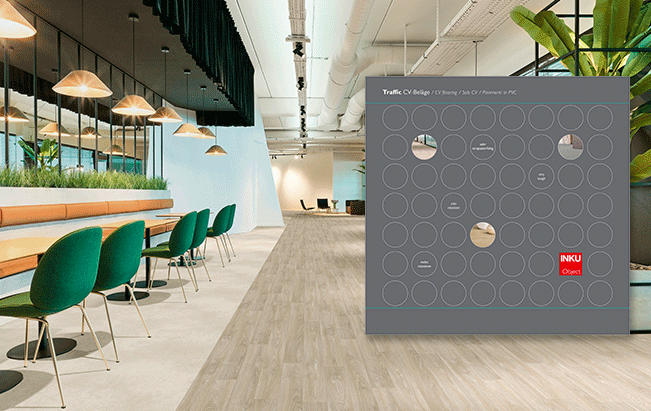 Sample card of INKU’s CV Collection Traffic 25 in front of seating area with wooden flooring in a café or restaurant