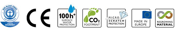 Icons zur Darstellung der Produkteigenschaften von INKU XploraNEXT Naturdesignböden wie Blauer Engel, CE-Kennzeichnung, wasserfest, CO₂-neutral und Made in Europe
