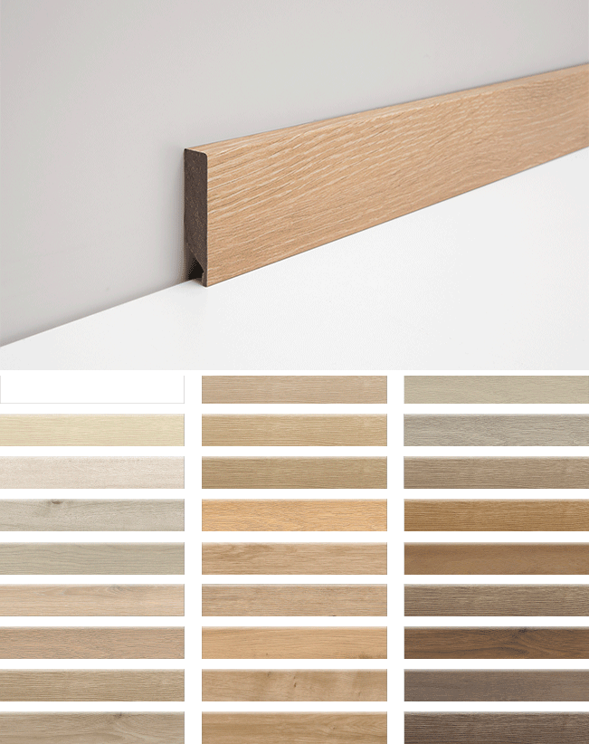 Übersicht verschiedener Holz- und Farbvarianten der Sockelleisten passend zur INKU Xplora Kollektion