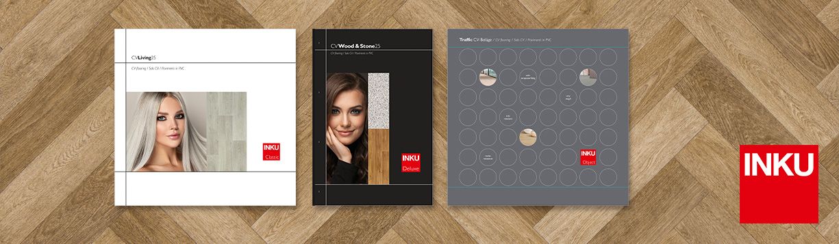 Overview of CV collections Wood &amp; Stone, Living, and Traffic with INKU logo on wood-look background