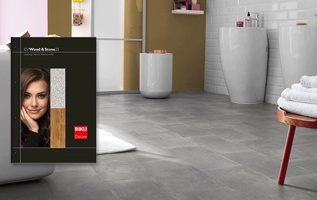 Sample card of INKU’s CV Collection Wood &amp; Stone 25 on grey stone-look flooring in a modern interior