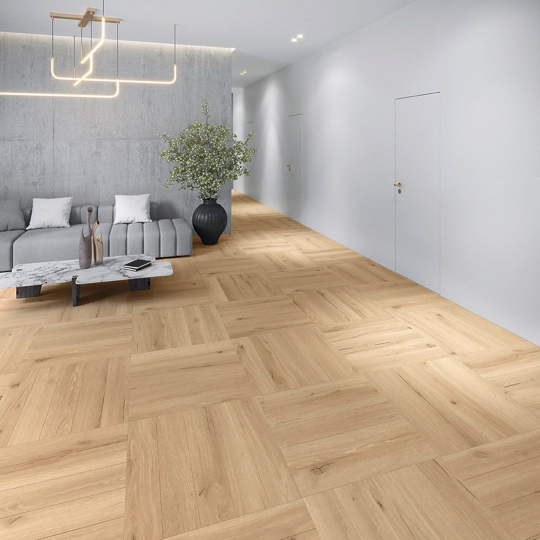 Designboden 555 Wooden Styles Oak Cream mit natürlicher Eichenstruktur im Würfelverband