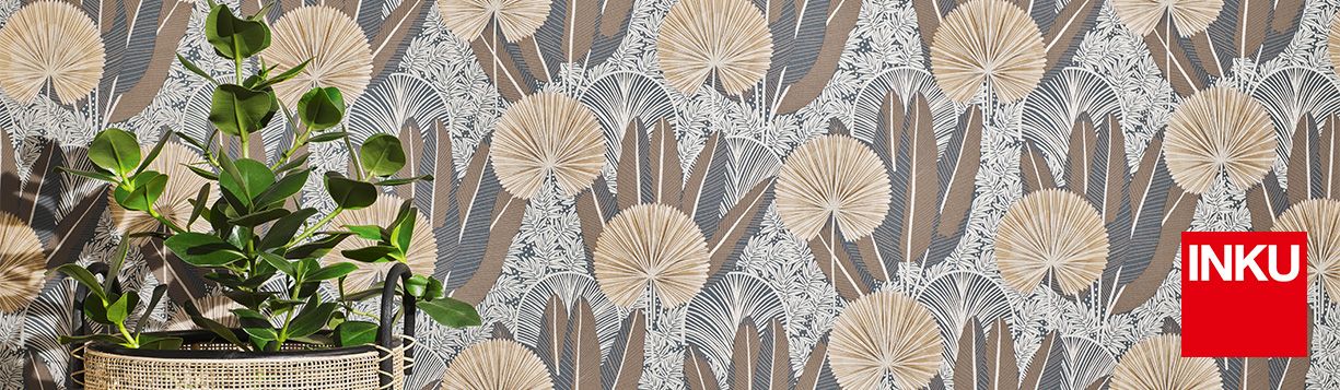 Tapetendesign mit stilisierten Blättern und Pflanzen aus der INKU Kollektion Concerto25 – moderne Naturästhetik