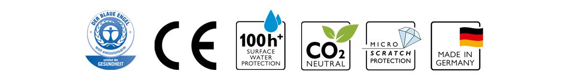Zertifikate für INKU Xplora Naturdesignboden: Blauer Engel, CE-Kennzeichnung, CO₂-neutral, Made in Germany u. v. m.