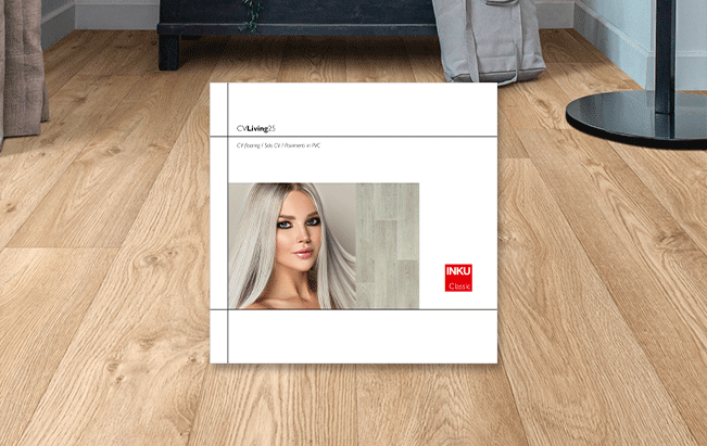 Sample card of INKU’s CV Collection Living 25 with portrait on light vinyl flooring