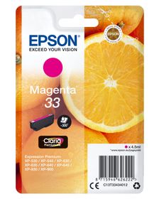 Epson Oranges Singlepack Magenta 33 Claria Premium Ink, Standardertrag, Magenta, Tinte auf Pigmentbasis, 4,5 ml, 1 Stück(e), 300 Seiten