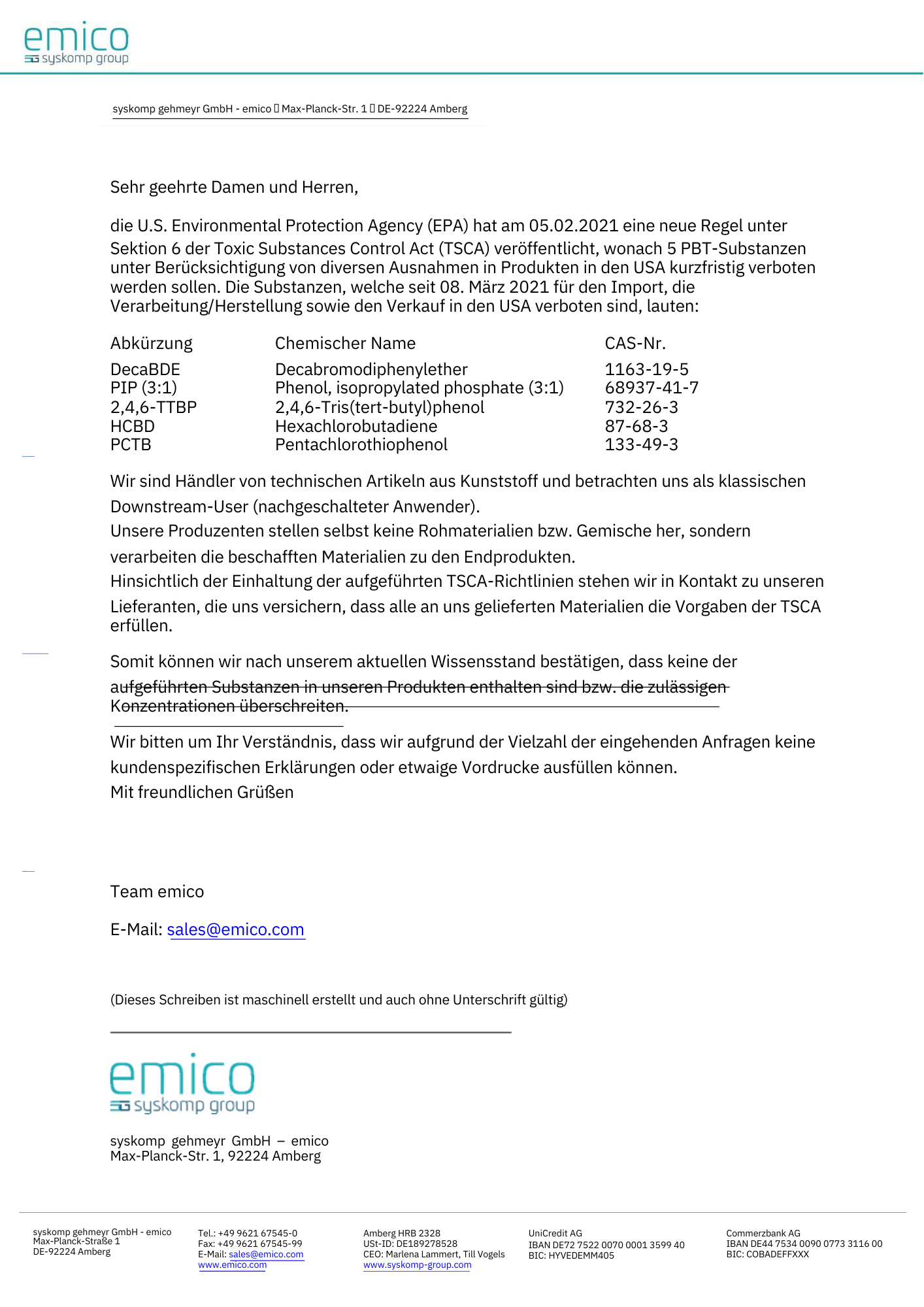 Auskunft TSCA emico