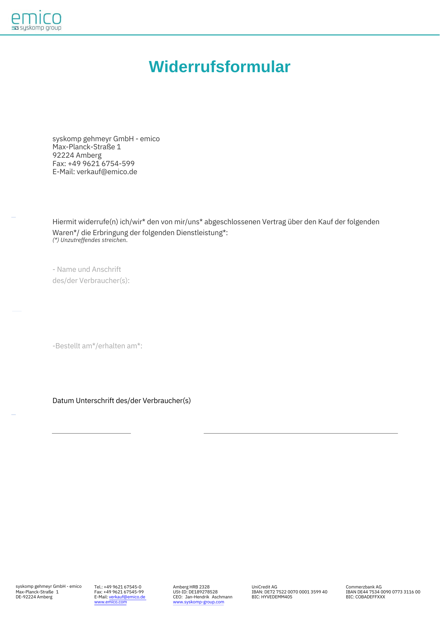 Muster Widerrufsformular