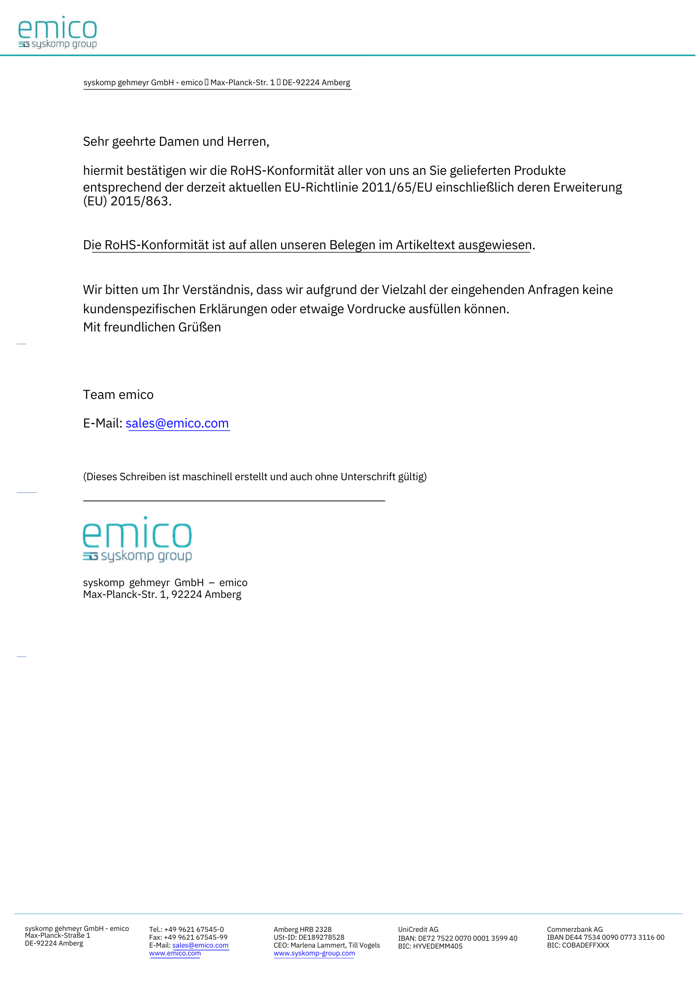Auskunft RoHS emico