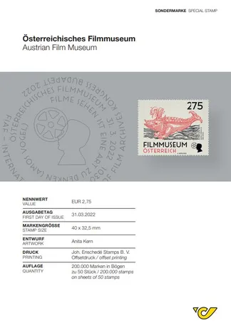 09fc676b8360f40fb68f13ee4ddbfa9473c3d541.jpg Briefmarke Österreich 2022, Nominale 2,75 €: Österreichisches Filmmuseum, rote Drachen-Illustration, Ausgabe 31.03.2022.