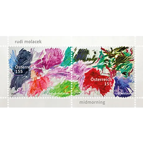 Briefmarke Österreich 2023, Nominale 1,55 Euro: Abstraktes Gemälde 'Midmorning' von Rudi Molacek.