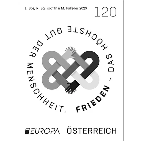 Austrian stamp 2023, nominal value 1.20 euros: Europa series, theme 'Peace - Humanity's Greatest Good', interwoven arms symbol.