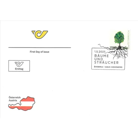 Black alder – Alnus glutinosa Austrian Post first day cover with the 2025 stamp 'Trees and Shrubs,' nominal value €1.20, featuring a tree and roots.