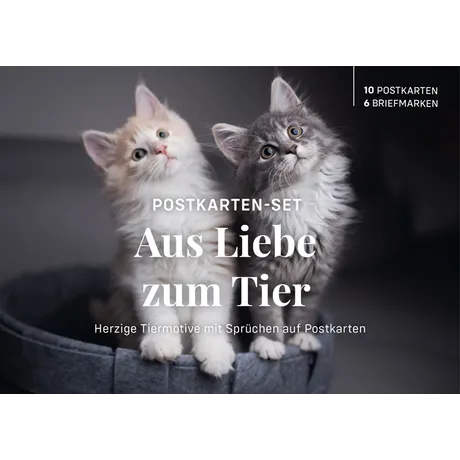 fe47f29cda3a0fd641133c4c85c015deb72692be.jpg Postkarten-Set der Österreichischen Post 'Aus Liebe zum Tier' mit Tiermotiven und 6 Briefmarken, zwei Kätzchen abgebildet.