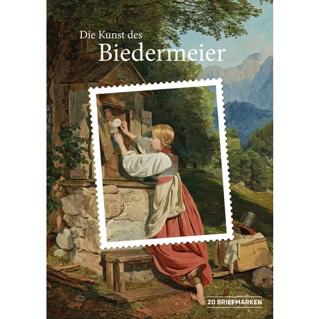 Briefmarken-Edition der Österreichischen Post 'Die Kunst des Biedermeier' mit ländlicher Szene und Frau in Tracht.