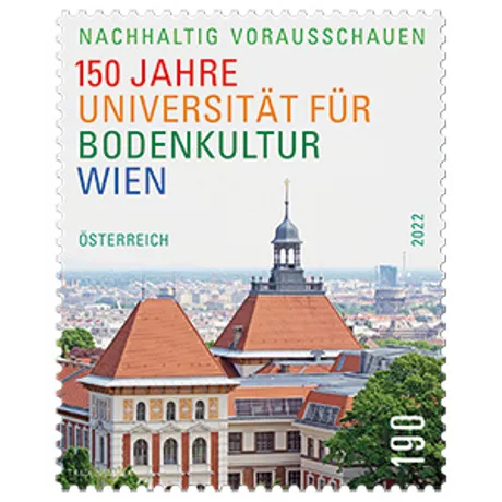 71c8289f48faea7e2222b4ca7c74410d2d83256e.jpg Briefmarke Österreich 2022, Nominale 1,90 Euro: 150 Jahre Universität für Bodenkultur Wien.
