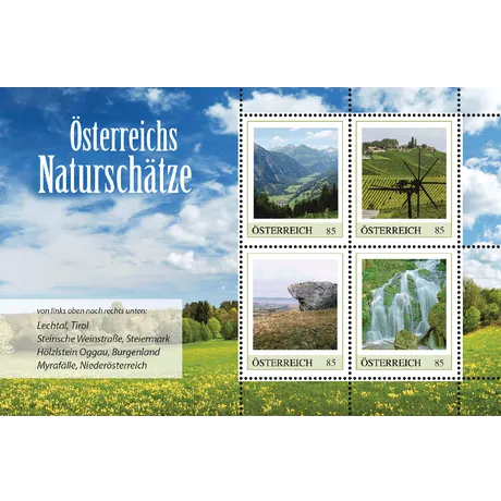 86e0f136a6220fe24b555b47875ebadd2634ecd4.png Briefmarkenblock der Österreichischen Post 'Österreichs Naturschätze' 2023, je 0,85 €: Lechtal, Steirische Weinstraße, Hölzlstein Oggau, Myrafälle.