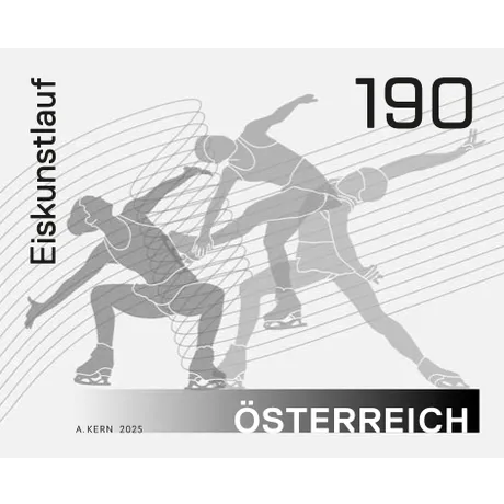 Briefmarke Österreich 2025, Nominale 1,90 Euro: Eiskunstlauf-Motiv mit dynamischen Schlittschuhläufer-Silhouetten.