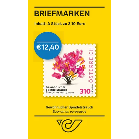 European spindle – Euonymus europaeus Austrian Post stamp set: 4 stamps for €3.10, featuring 'European Spindle Tree' design, total €12.40.