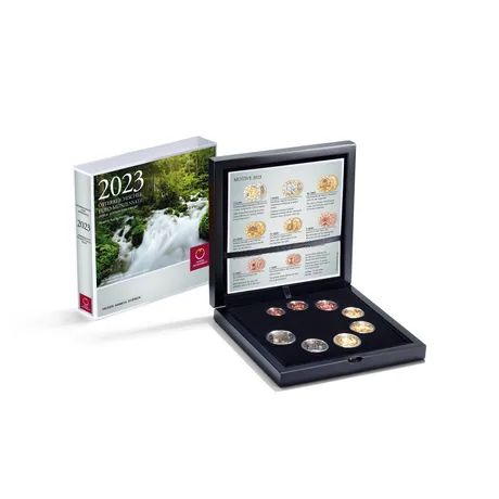 2023 Austrian Euro coin set in a display box with detailed descriptions and a nature-themed cover design.
