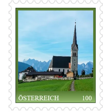 6ab0f17505beb07002f4539010d3fb18abed6e19.jpg Briefmarke Österreich 100 Euro: Kirche vor Alpenkulisse, grüner Rand, Schriftzug 'Österreich' unten.