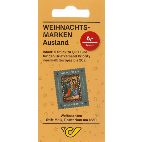 Austrian Post Christmas stamp set for international mail, €6. Includes 5 stamps (€1.20 each) with Stift Melk design.