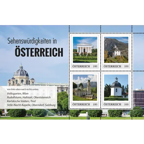Austrian Post 2023 stamp set, €1.00 each: Volksgarten Vienna, Rudolfsturm Hallstatt, Karlskirche Volders, Silent Night Chapel.