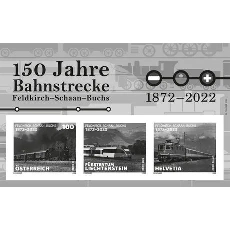 Austrian Post 2022 stamp set: 150 years Feldkirch-Schaan-Buchs railway, featuring Austria, Liechtenstein, and Switzerland.
