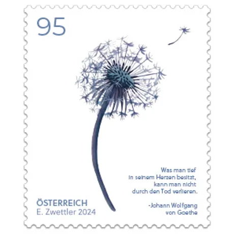 52874aded41afbc4ff0881ff7d630fb4b9b1431a.png Austrian stamp 2024, nominal value 0.95 euros: dandelion motif with Goethe quote in blue tones.