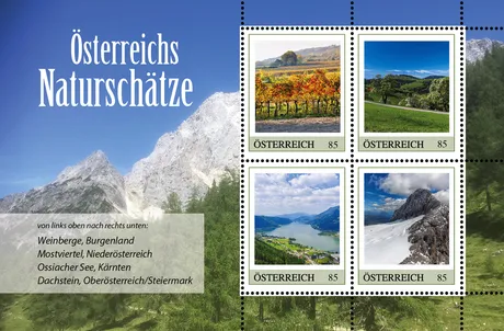 Austrian Post stamp set 2023, €0.85 each: Burgenland vineyards, Mostviertel, Ossiacher See, Dachstein mountains.