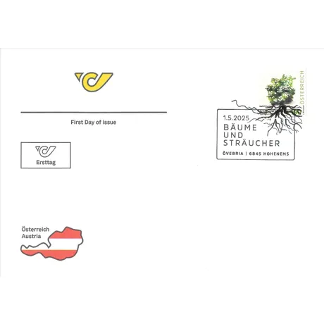 Austrian Post first day cover with 'Trees and Shrubs' stamp, dated 1.5.2025, featuring a snowberry plant.