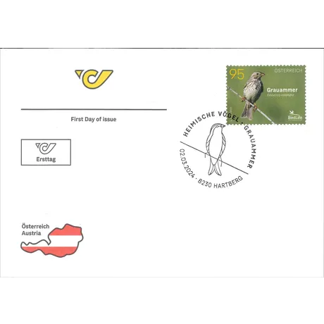 First day cover with Austrian Post stamp 'Austria 2024, Nominal 0.95 Euro: Corn Bunting' and special cancellation 'Hartberg, 02.03.2024'.