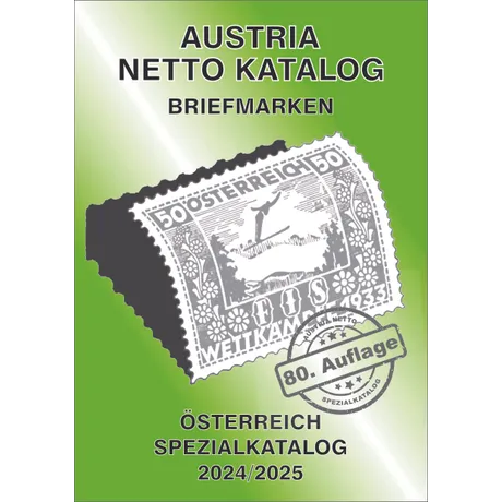 Titelbild des Austria Netto Katalogs 2024/2025 für österreichische Briefmarken, 80. Auflage, mit grünem Hintergrund.
