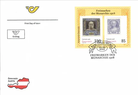 01fbd8695e6d89350c5dfe5010abedd7a05732d4.jpg Ersttagsbrief der Österreichischen Post mit Briefmarken 2022 'Freimarken der Monarchie 1908' und historischen Motiven.