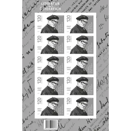 Black print of the regular postage stamp “Ernst Jandl” with the denomination “120 ÖSTERREICH”. Bottom left reads “2025”, top right “R. VORLÄUFER”. The center shows a blurred portrait. On the right side is the quote: “Die Rache der Sprache ist das Gedicht.” Black print of the regular postage stamp “Ernst Jandl” with the denomination “120 ÖSTERREICH”. Bottom left reads “2025”, top right “R. VORLÄUFER”. The center shows a blurred portrait. On the right side is the quote: “Die Rache der Sprache ist das Gedicht.”