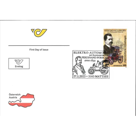 ce34deb00f3c303331820f8b5631e1ce685e3abe.jpg Austrian Post first day cover with 2023 stamp, €1.00, featuring Ferdinand Porsche and his 1899 electric car.
