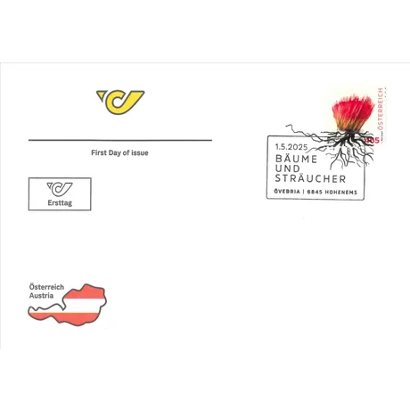 First day cover with Austrian Post logo, Austria 2025 stamp 'Trees and Shrubs' (€0.85), and Hohenems postmark.