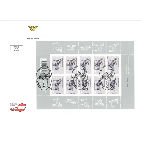 Briefmarkenblock Österreich 2025, Nominale 1,00 €: Seltene Nutztierrassen, 'Blobe Ziege', Ersttagsausgabe mit Stempel.