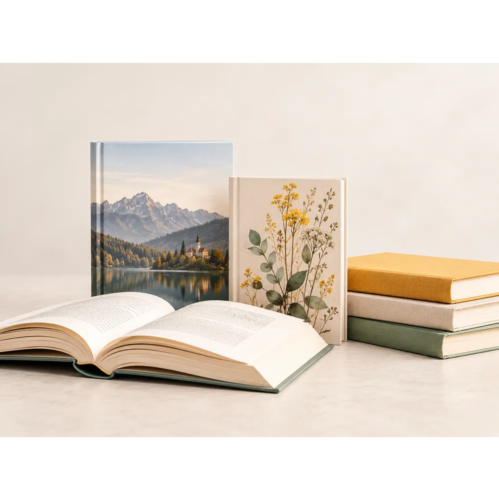 Offenes Buch und mehrere dekorative Bücher mit Naturmotiven auf einem Tisch in warmem Licht