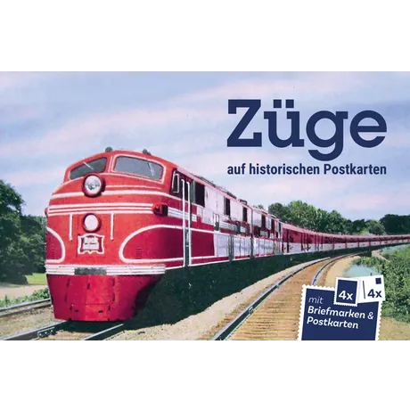 PKH_Züge auf historischen Postkarten_Cover Set der Österreichischen Post 'Züge auf historischen Postkarten' mit 4 Briefmarken und 4 Postkarten mit rotem Zugmotiv.