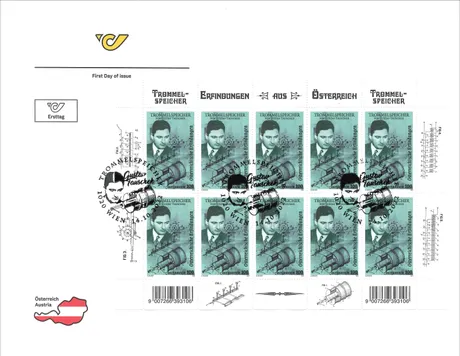 Austrian Post stamp sheet 2023, €1.00: Gustav Tauschek and drum memory invention, first day issue with postmark.