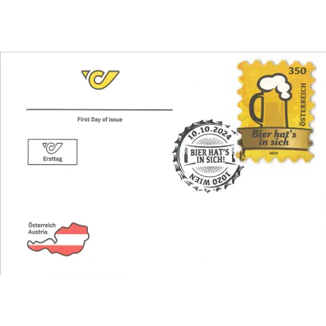 FDC_Bierdeckel_1024 Austrian Post first day cover with 2024 stamp 'Bier hat's in sich', 3.50 Euro, beer mug design, Vienna postmark.