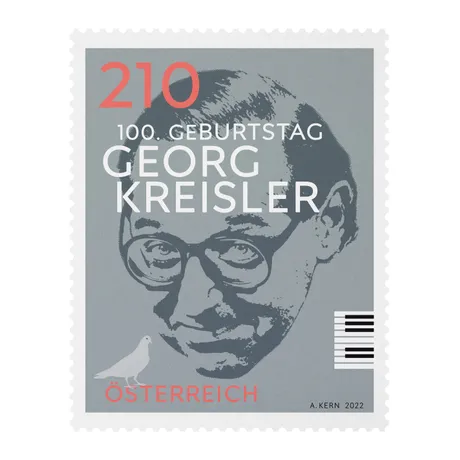 Briefmarke Österreich 2022, Nominale 2,10 Euro: 100. Geburtstag von Georg Kreisler, grauer Hintergrund mit Porträt.