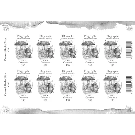 A sheet of Austrian Post stamps, 2022, denomination 1.00 Euro, featuring the Fly Agaric mushroom (Amanita muscaria).