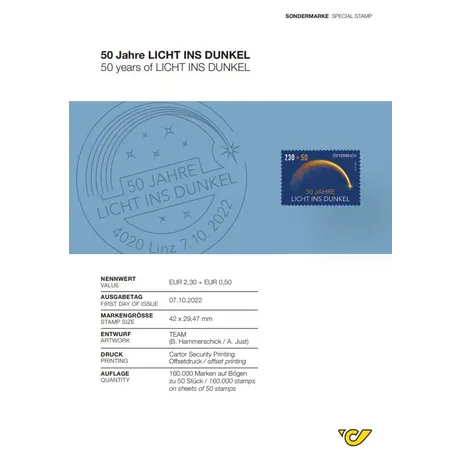 Austrian Post special stamp 2022: '50 years of LICHT INS DUNKEL', nominal value €2.30 + €0.50, blue design with golden arc.